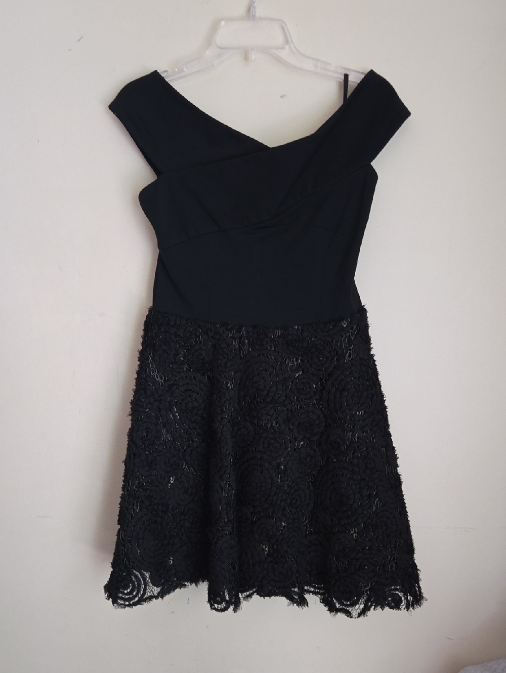 Bebe Rosette Fit & Flare Off-Shoulder Black Lace Dress